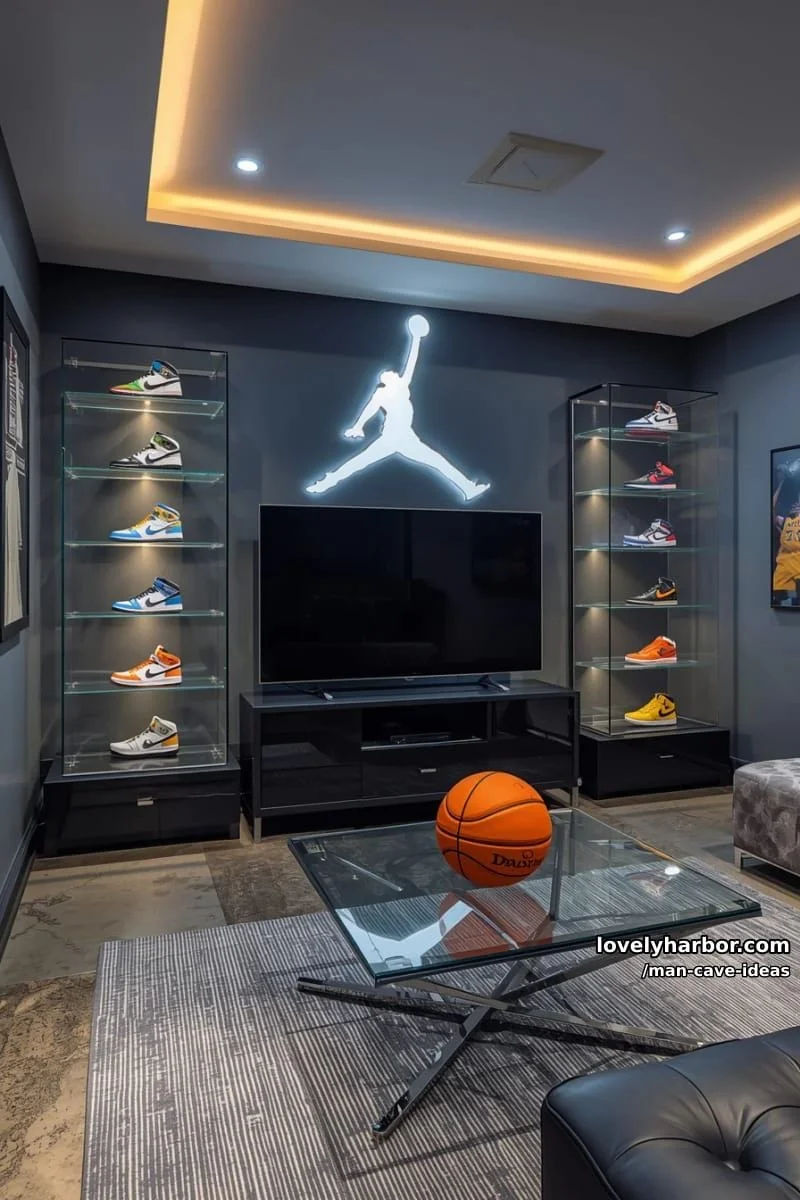 15. Espacio de básquetbol con vitrina de tenis y logo iluminado