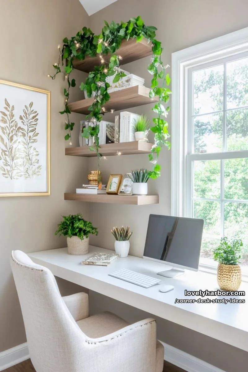 1. Repisas flotantes sobre escritorio de esquina con plantas colgantes y luces de hadas