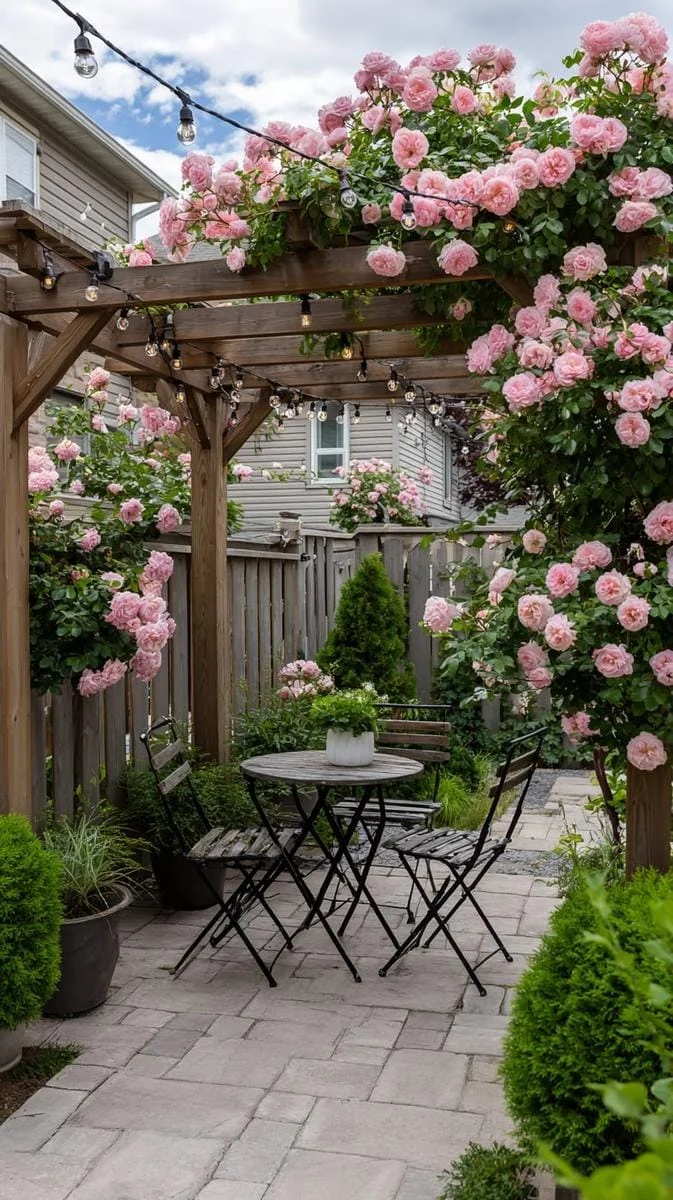 12. Pérgola con rosas trepadoras y guirnaldas
