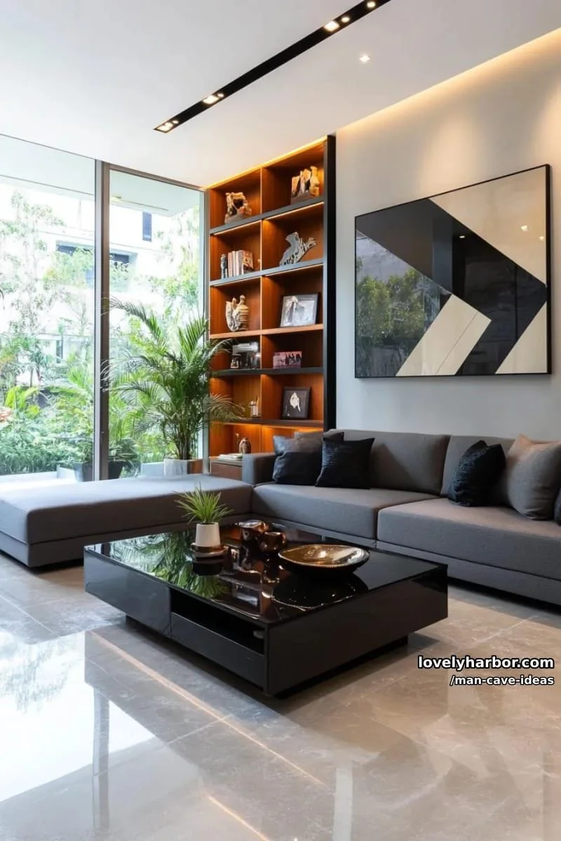14. Man cave minimalista con estantería empotrada y negro mate