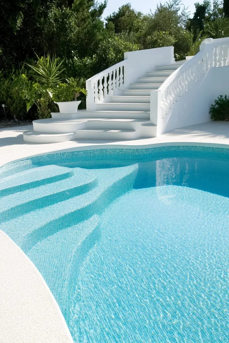 13. Mosaico blanco minimalista con borde azul cobalto