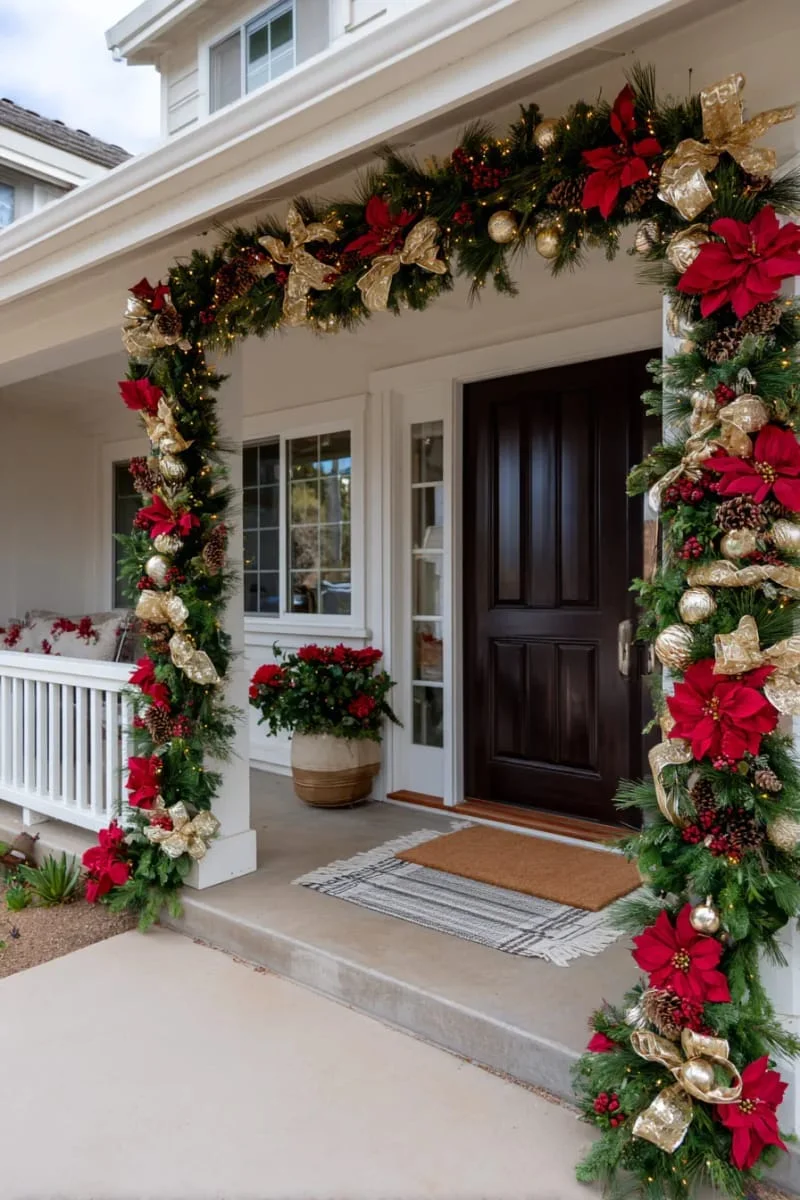 14. Guirnalda con flores de pascua rojas y detalles dorados