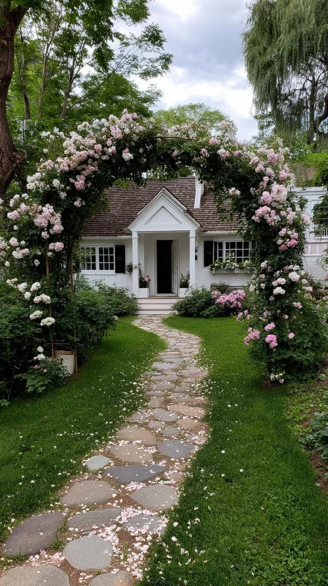 18. Pérgola en arco florida hacia el jardín