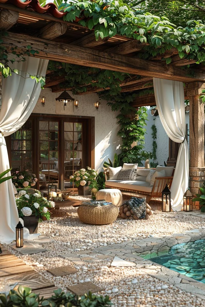3. Pérgola rústica con telas colgantes
