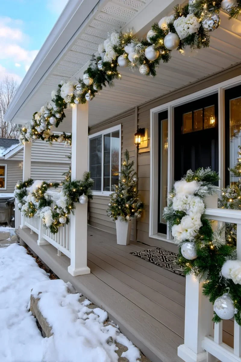 8. Guirnalda con nieve falsa, luces de carámbano y esferas blancas