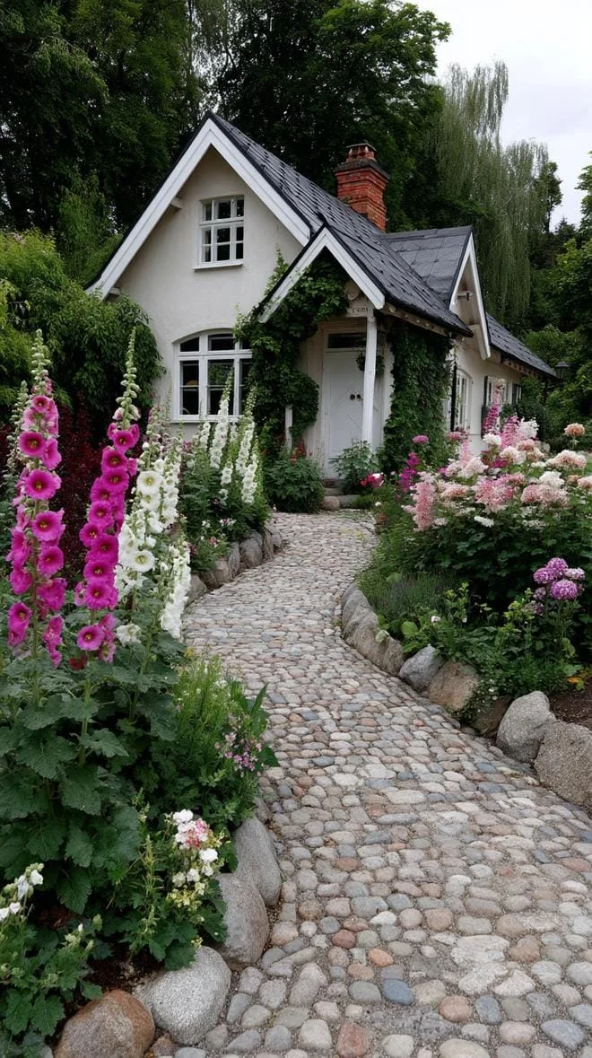 11. Sendero de adoquines con malvarrosas altas