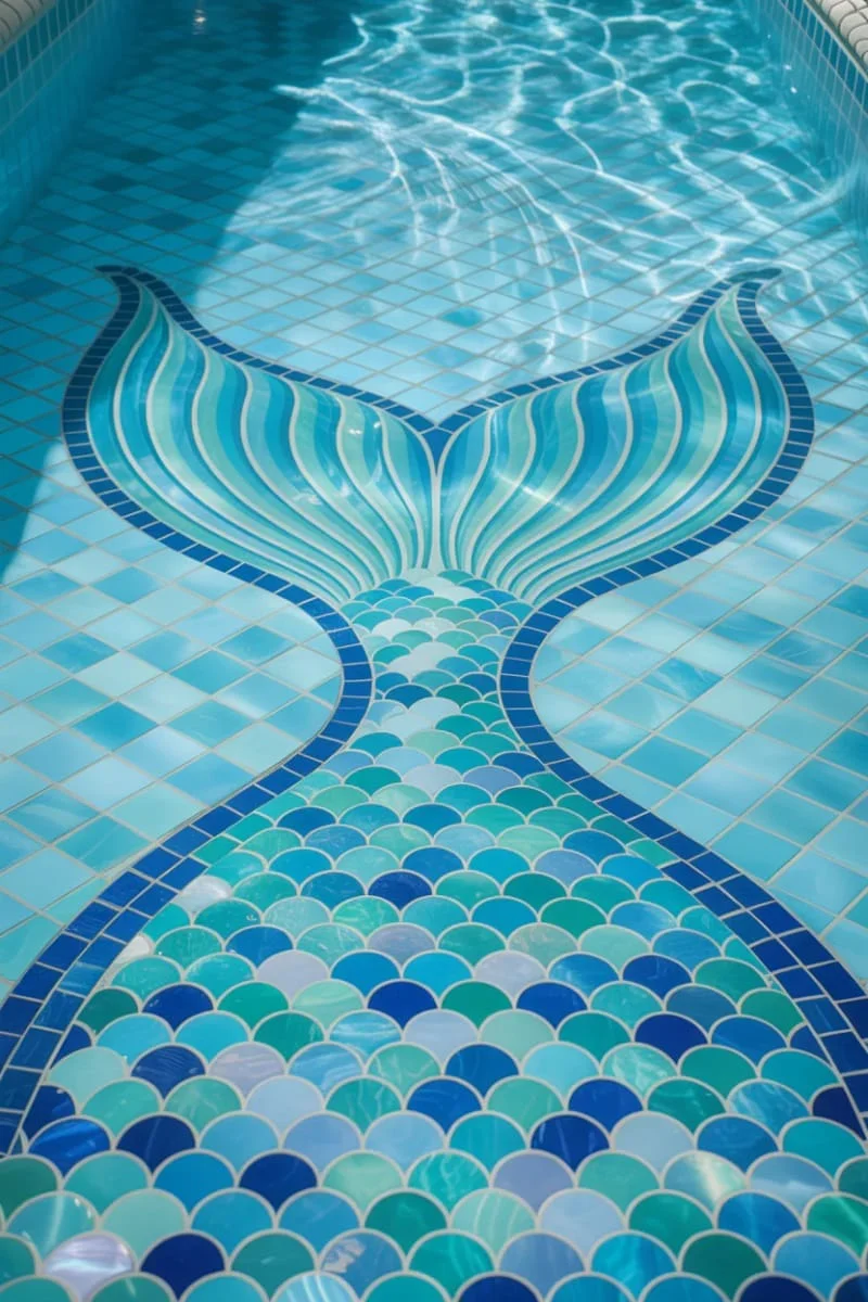 1. Mosaico con patrón de cola de sirena en el piso