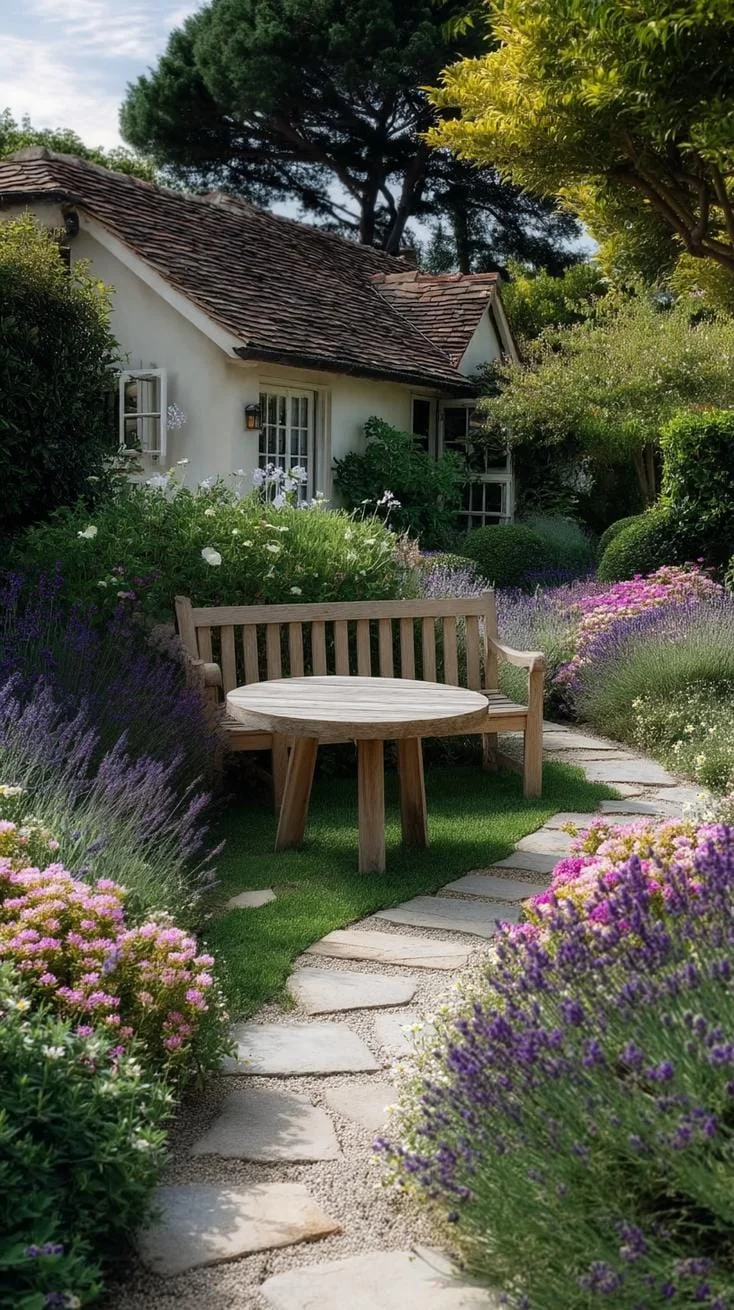 4. Banco de jardín entre lavanda a la sombra