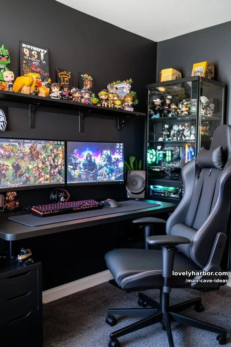 6. Sala gamer oscura con luces RGB y vitrinas transparentes