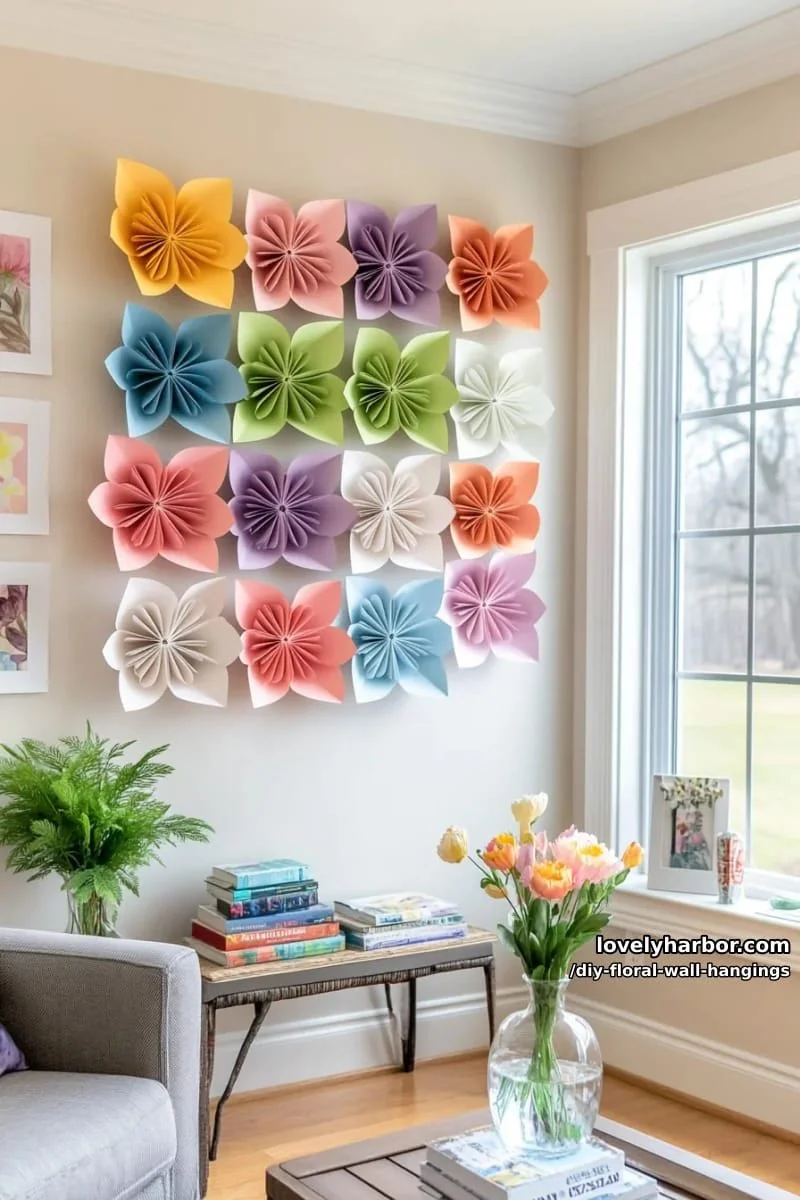 6. Cuadrícula geométrica de flores de papel en tonos arcoíris
