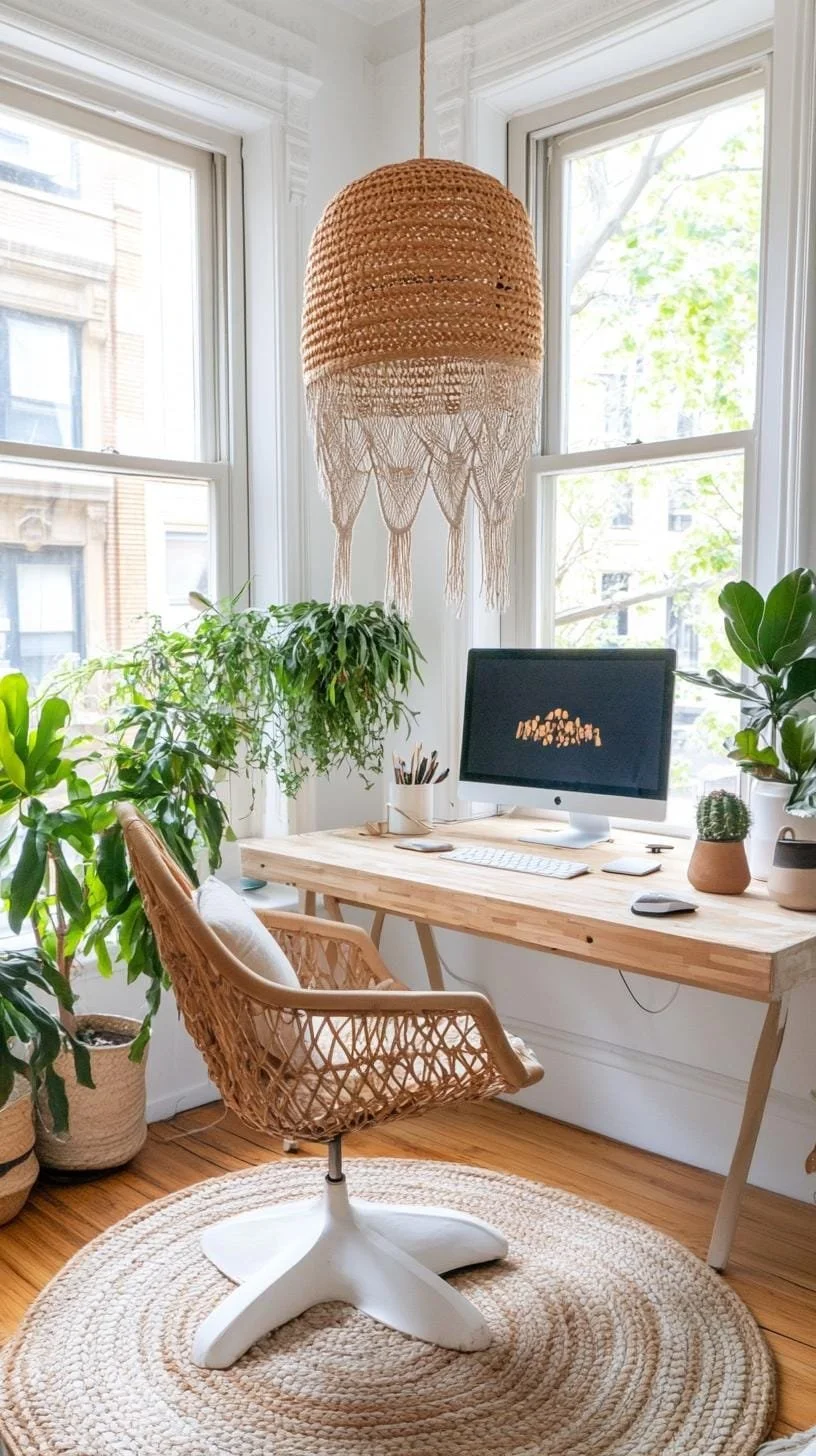 8. Oficina boho con silla de ratán y tapetes tejidos - photo 2