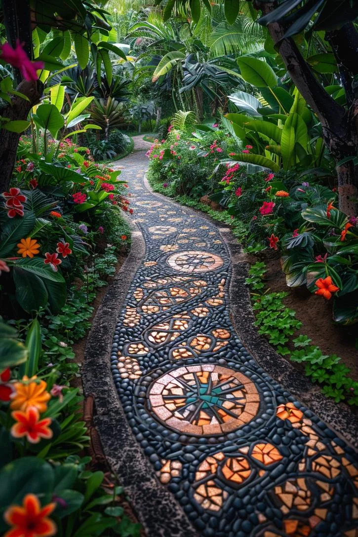 5. Camino de mosaico entre vegetación frondosa