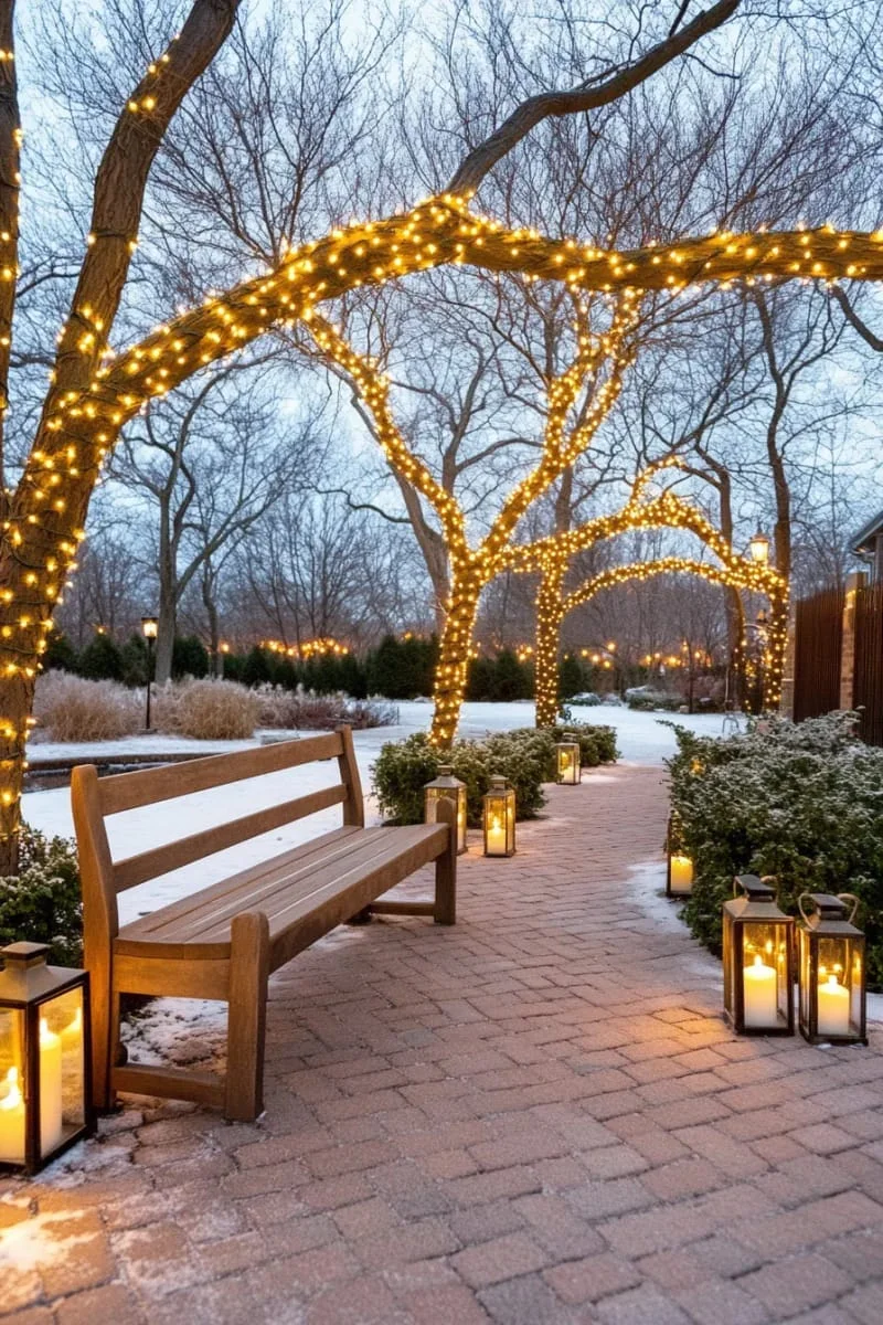 10. Luces doradas en árboles sin hojas del jardín