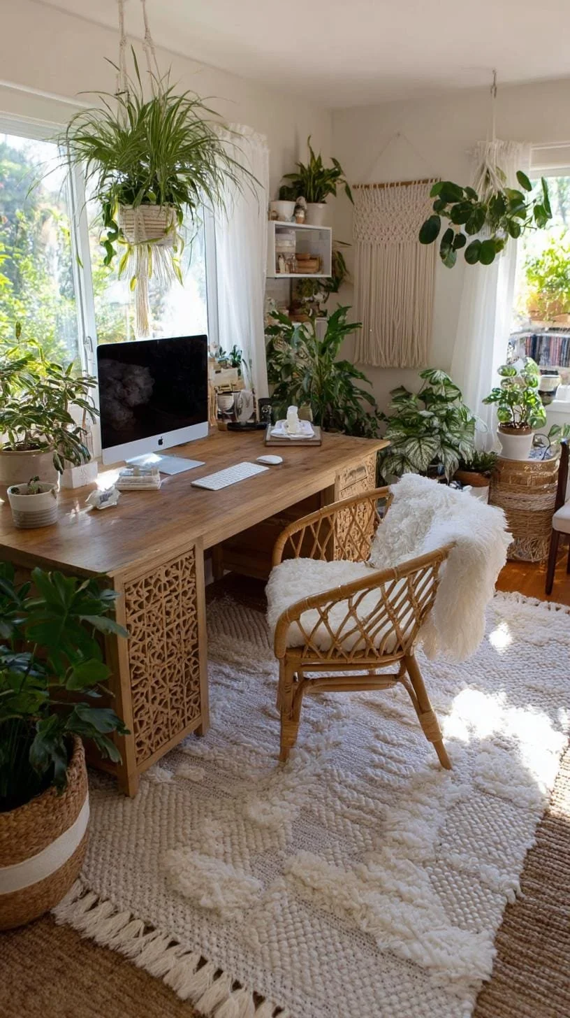 8. Oficina boho con silla de ratán y tapetes tejidos
