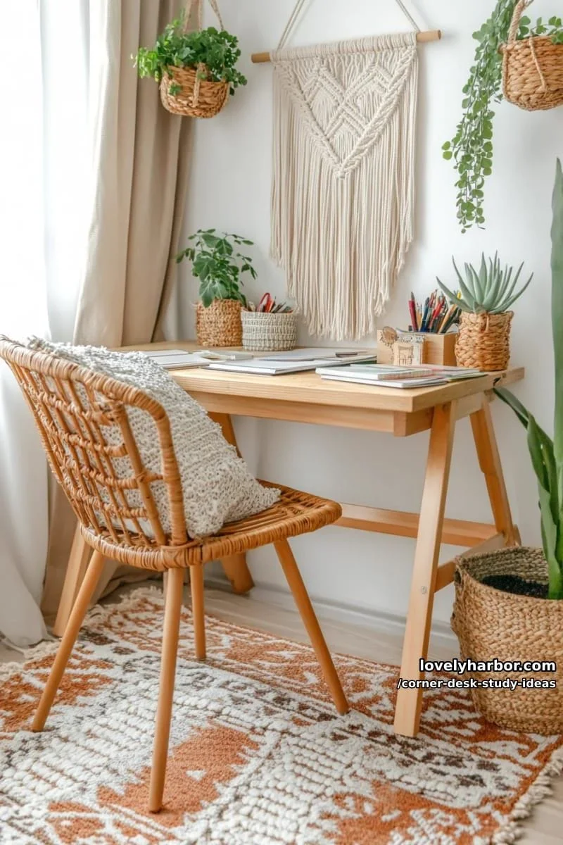 7. 7. Estudio boho de esquina con silla de ratán, canastas tejidas y macramé
