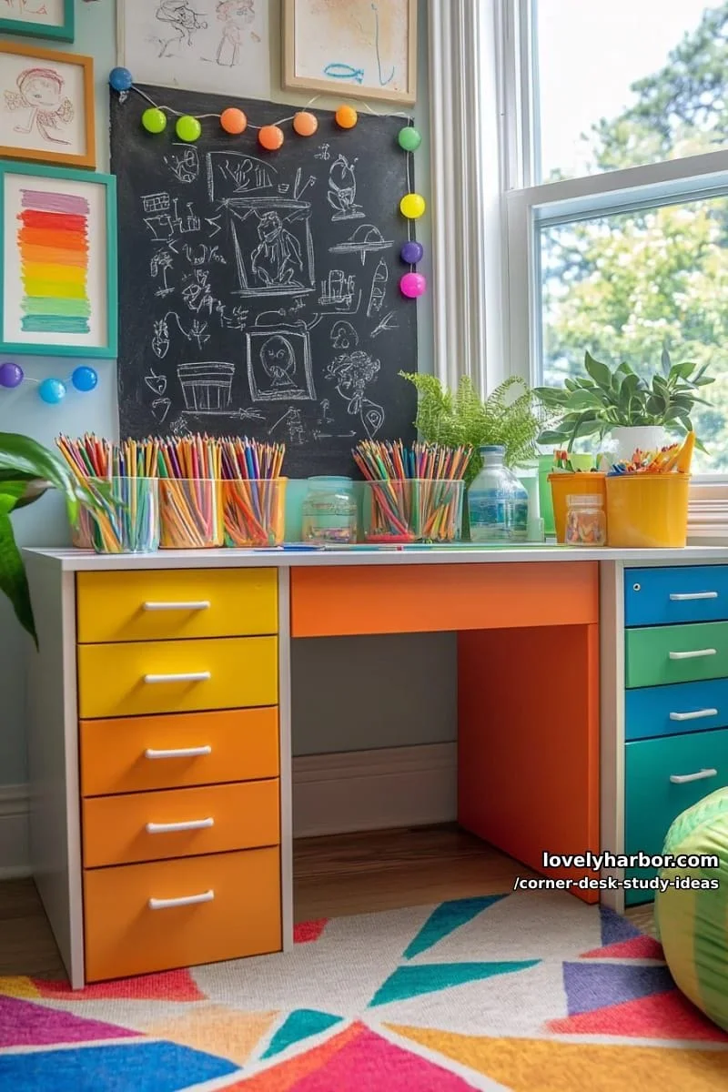 9. 9. Zona creativa infantil: escritorio pequeño y pared con pintura pizarra