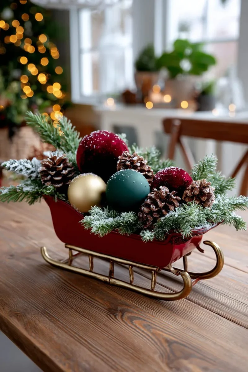 17. Trineo decorativo con follaje, piñas y esferas de terciopelo - photo 2