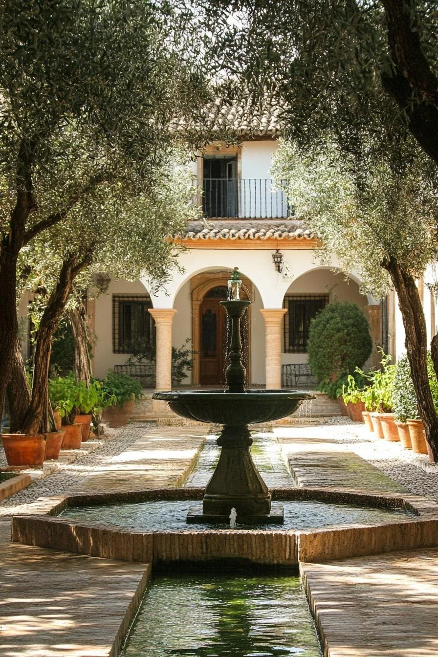 Patio central con fuente de piedra