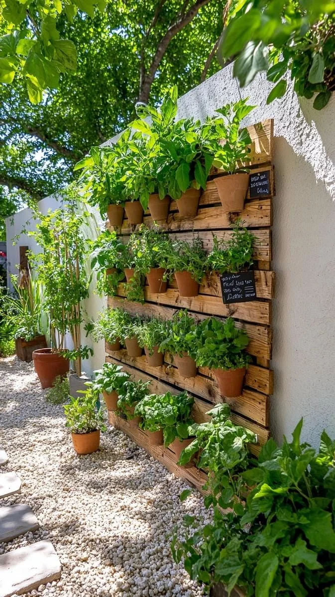 7. Huerto de hierbas con palés en cerca soleada