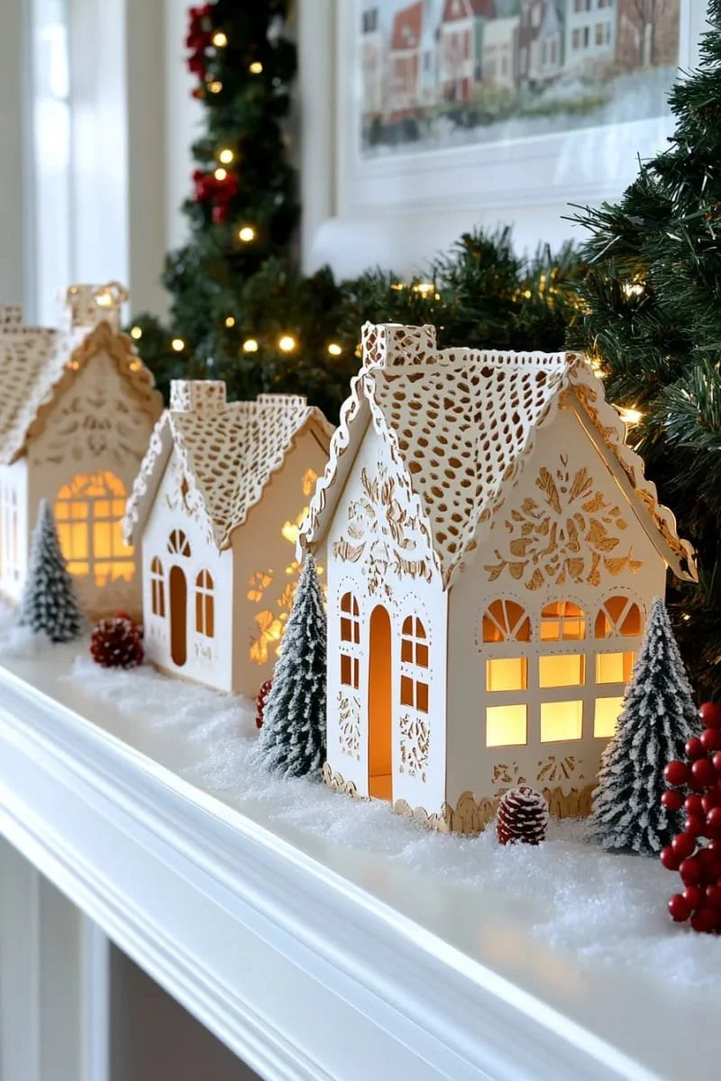 16. Aldea de casitas de jengibre de papel con luces LED