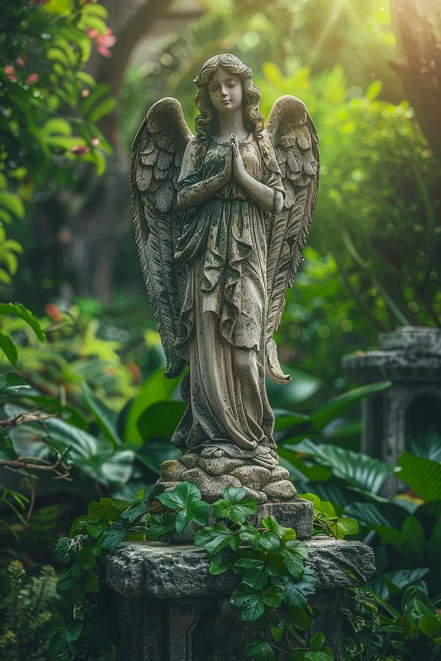 21. Ángel de piedra entre plantas frondosas