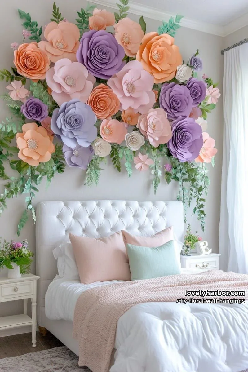 1. Cascada de flores gigantes de papel pastel para el dormitorio