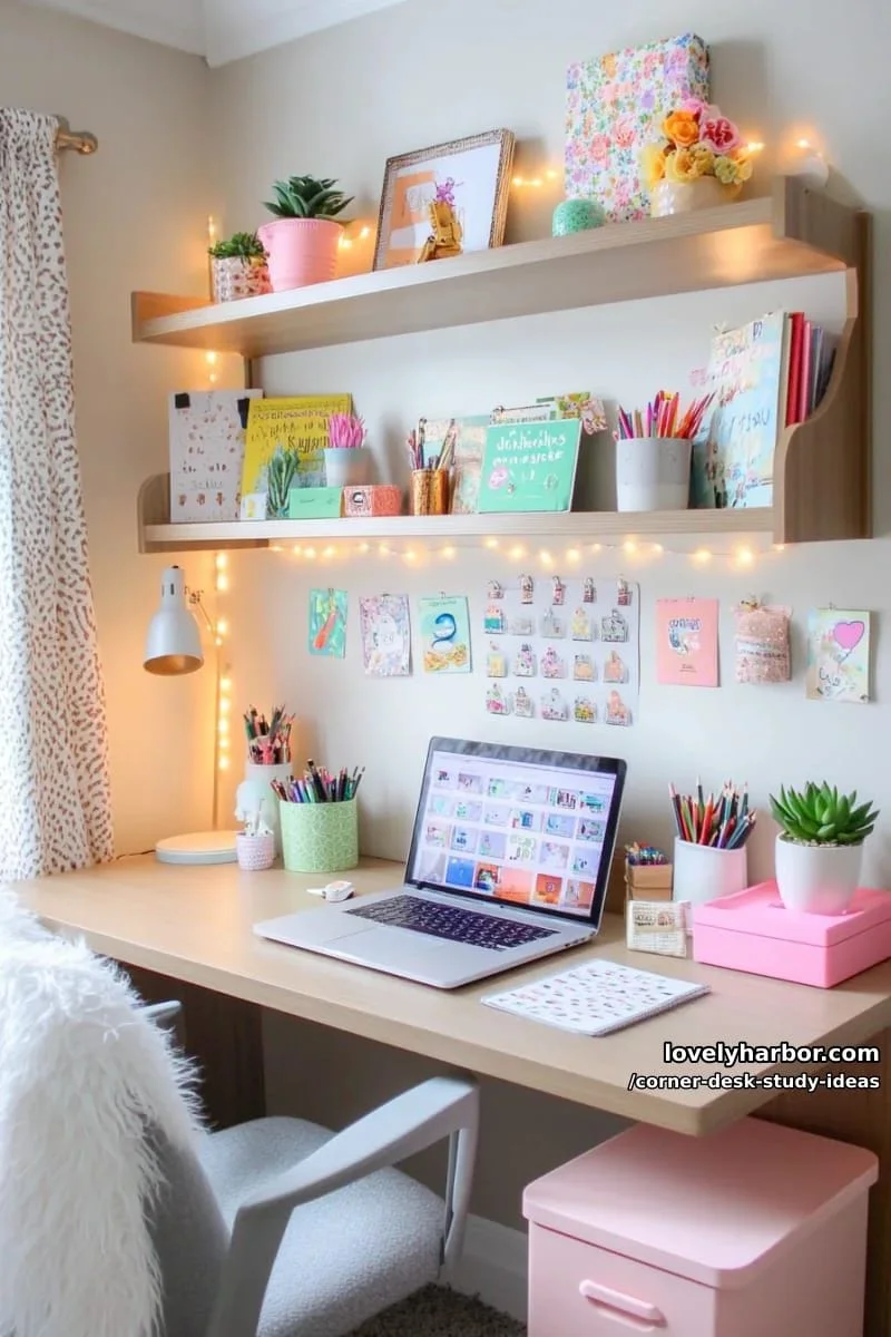 12. 12. Mini escritorio de esquina para dormitorio con repisas y frases motivadoras