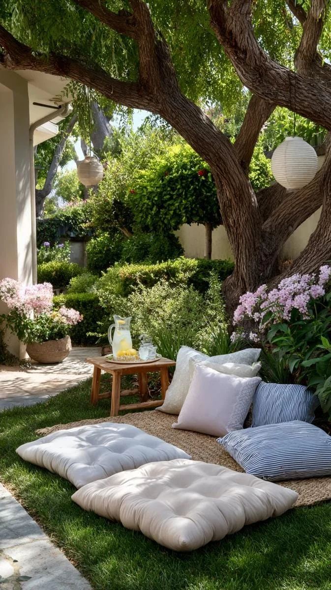 21. Cojines de piso grandes bajo un árbol