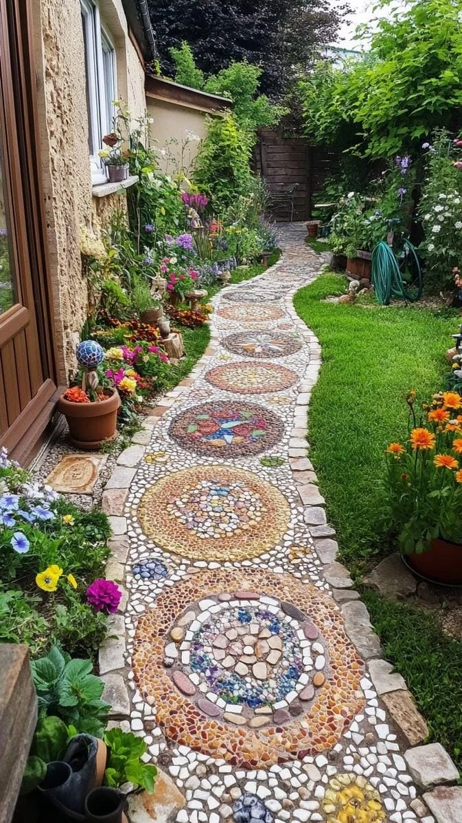 6. Sendero de mosaico de guijarros entre macizos