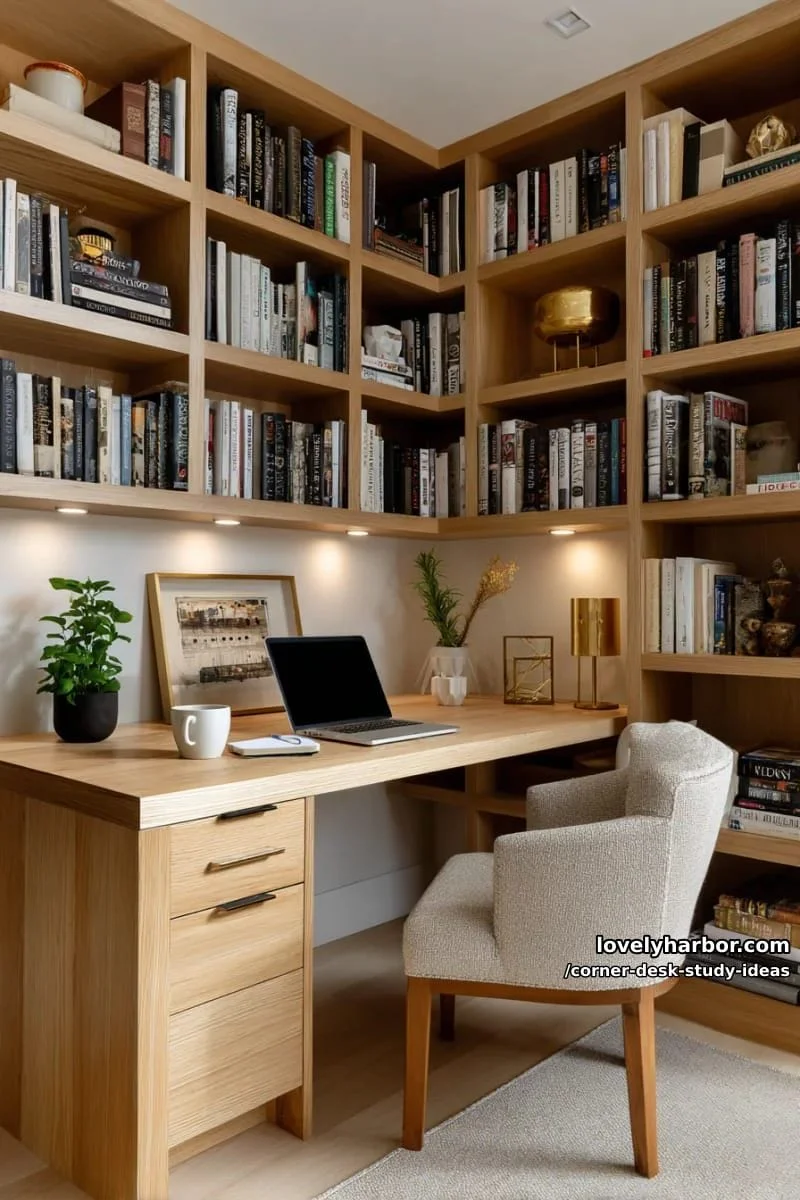 4. Escritorio de esquina empotrado con libreros a medida e iluminación cálida - photo 3