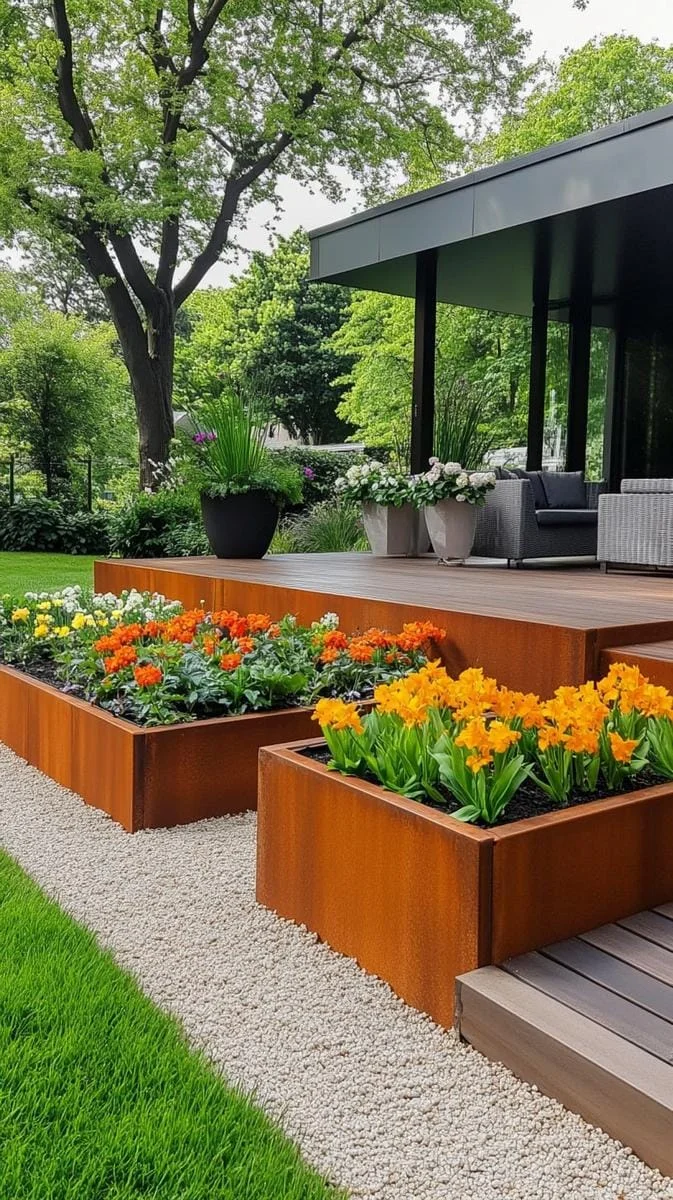 18. Bordes de acero corten para macizos modernos