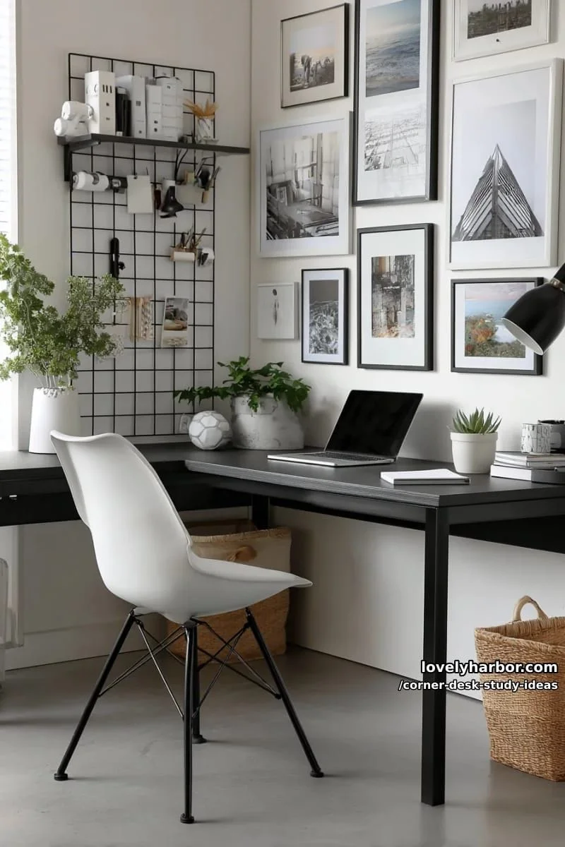 17. 17. Espacio de trabajo monocromático con panel de rejilla y galería en blanco y negro