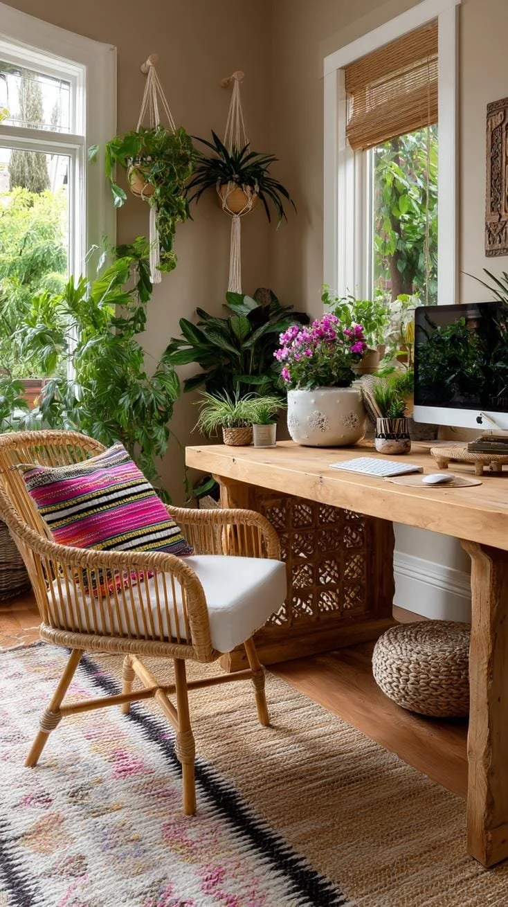 8. Oficina boho con silla de ratán y tapetes tejidos - photo 3