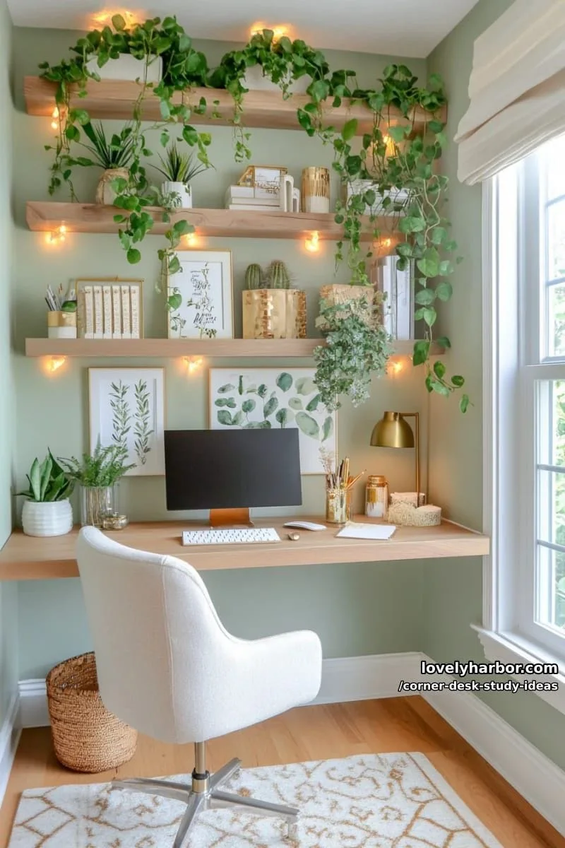 1. Repisas flotantes sobre escritorio de esquina con plantas colgantes y luces de hadas - photo 3