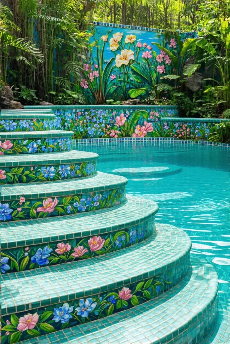9. Mural botánico pintado a mano en los escalones