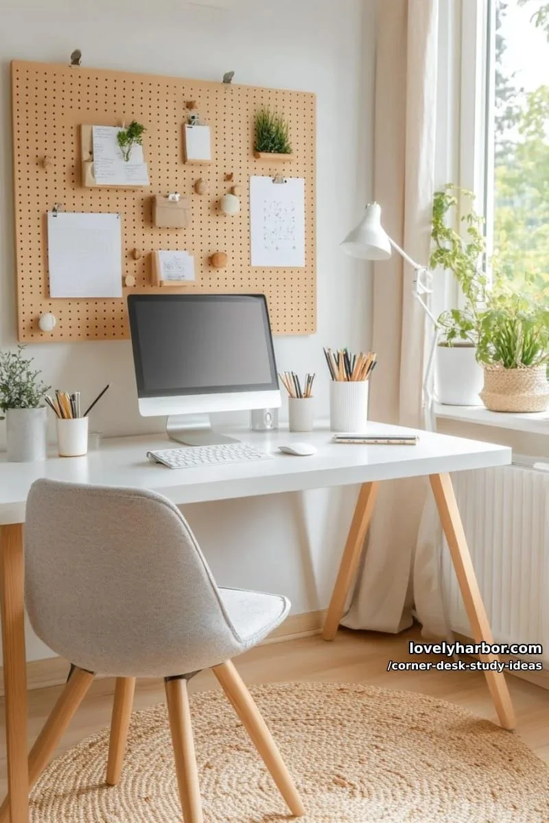 2. Escritorio de esquina blanco estilo escandinavo con madera y panel perforado