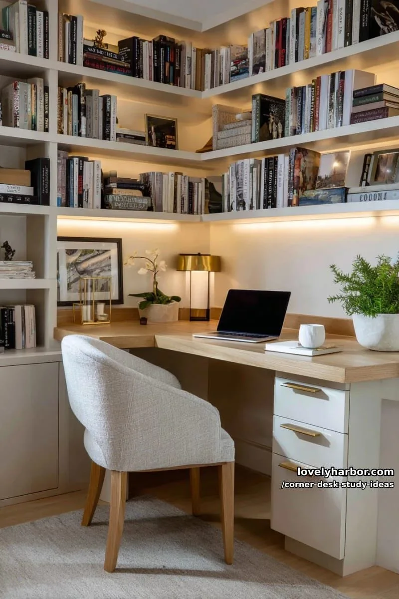 4. Escritorio de esquina empotrado con libreros a medida e iluminación cálida