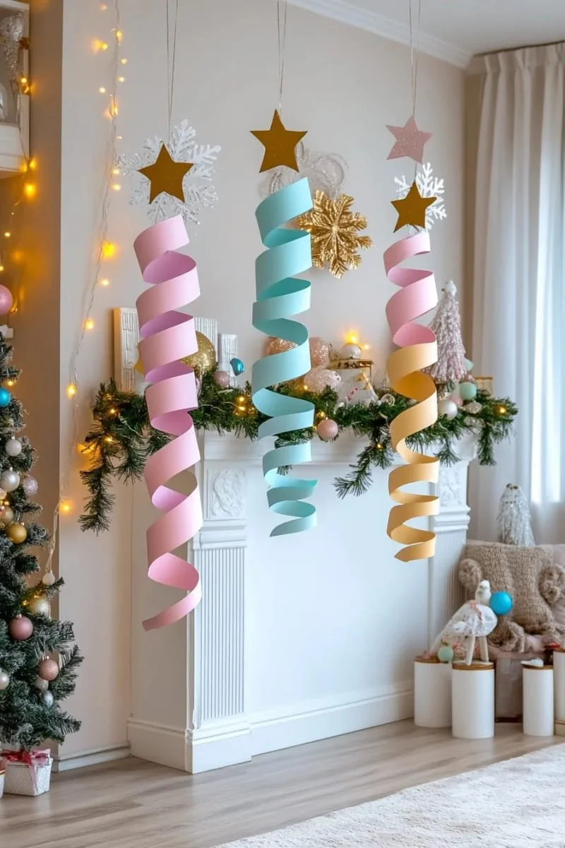 18. Espirales de papel colgantes en metálicos y pasteles