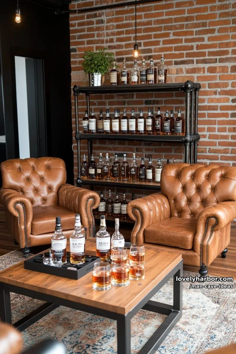 2. Salón industrial de whisky con ladrillo y sillones de cuero