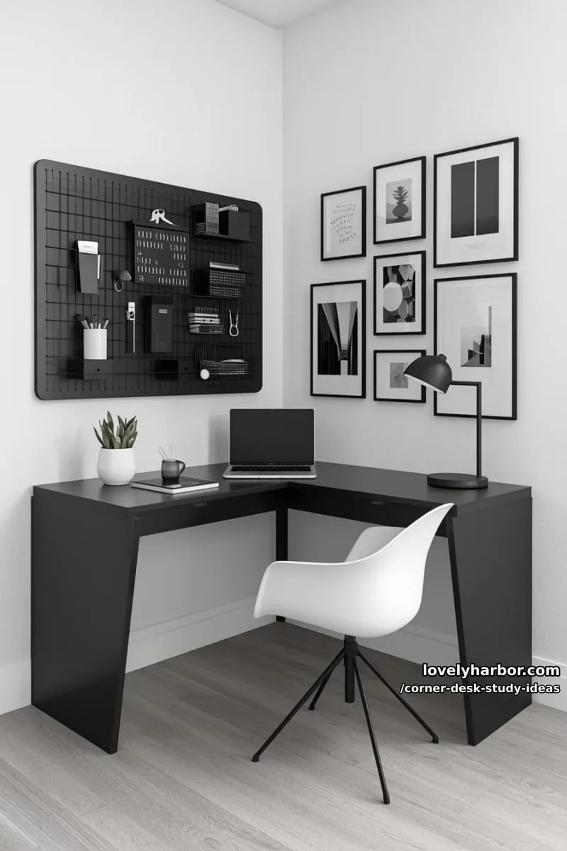 17. 17. Espacio de trabajo monocromático con panel de rejilla y galería en blanco y negro - photo 2