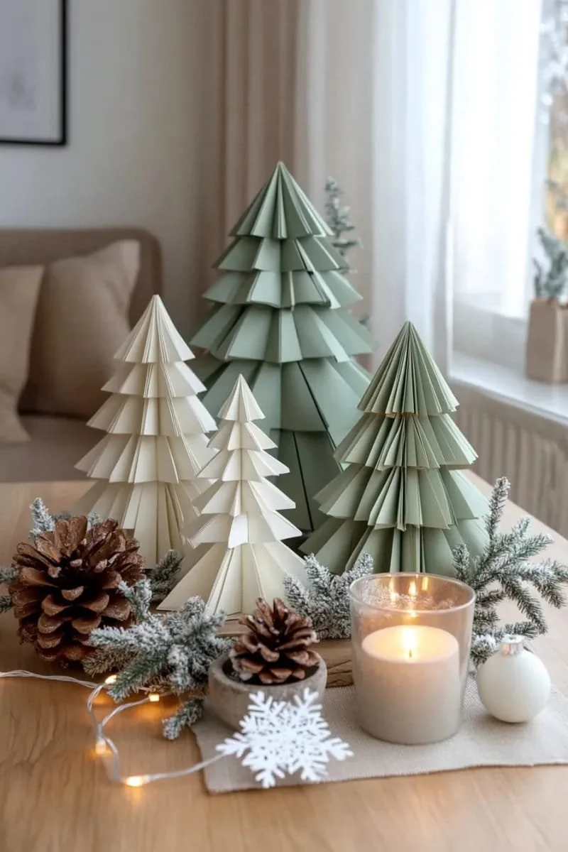 2. Bosque nórdico de arbolitos de papel en verdes suaves