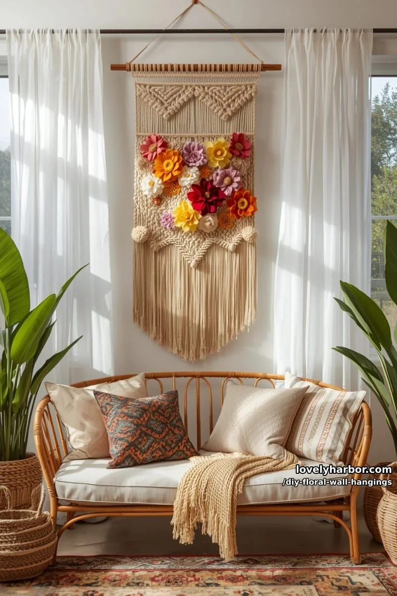 5. Colgante de macramé y flores de fieltro con borlas