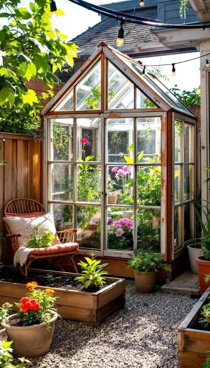 15. Mini invernadero con ventanas recicladas