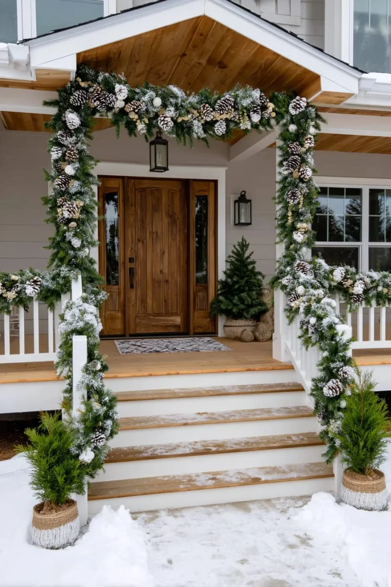 15. Guirnalda con piñas escarchadas, bayas blancas y ramas nevadas
