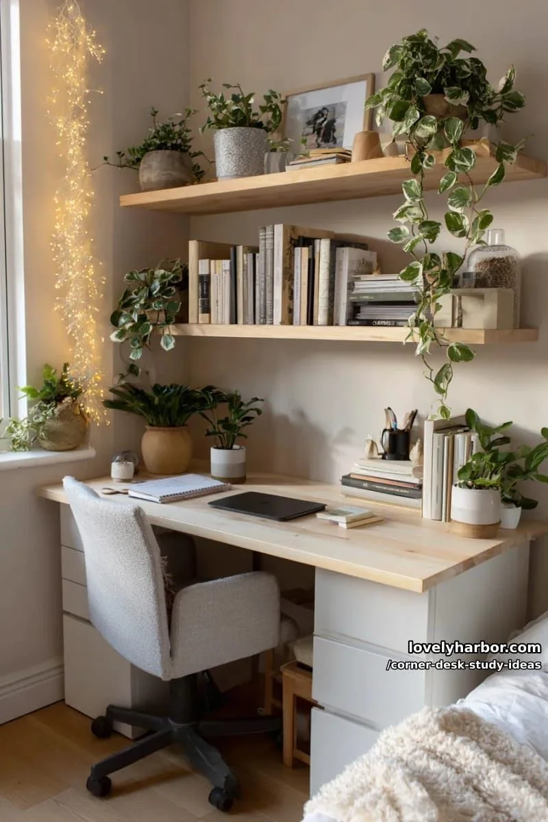 1. Repisas flotantes sobre escritorio de esquina con plantas colgantes y luces de hadas - photo 2