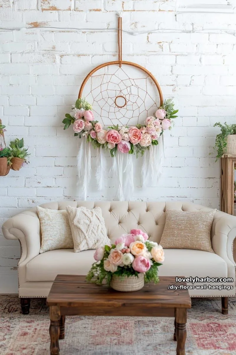 12. Atrapasueños floral con plumas e hilo de colores