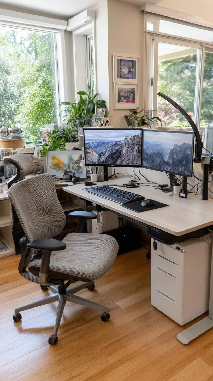 26. Montaje ergonómico con dos monitores y silla ajustable