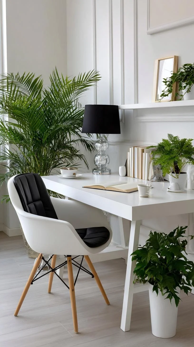 6. Oficina minimalista monocromática con plantas