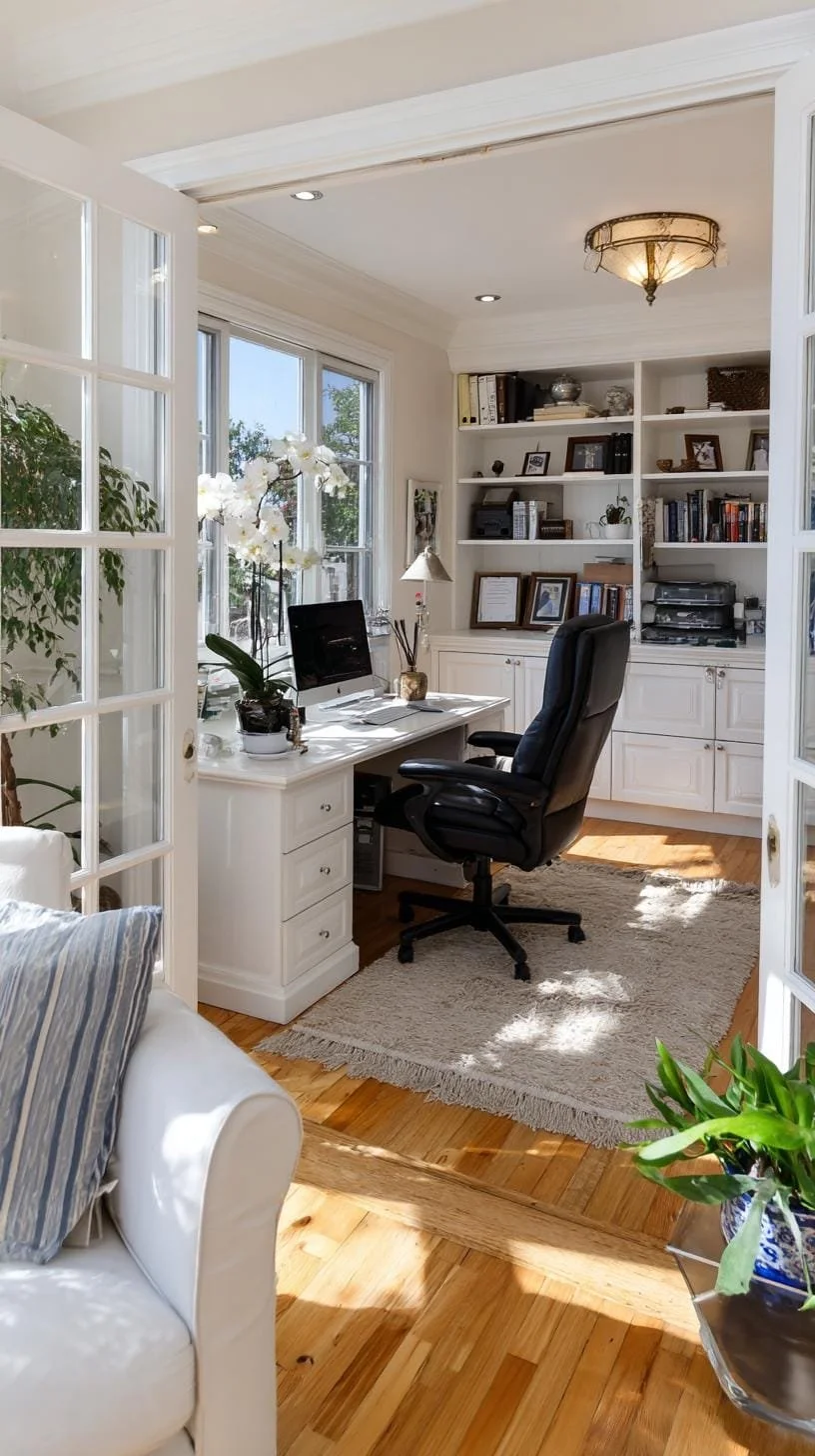 29. Oficina con puertas francesas y muebles a medida