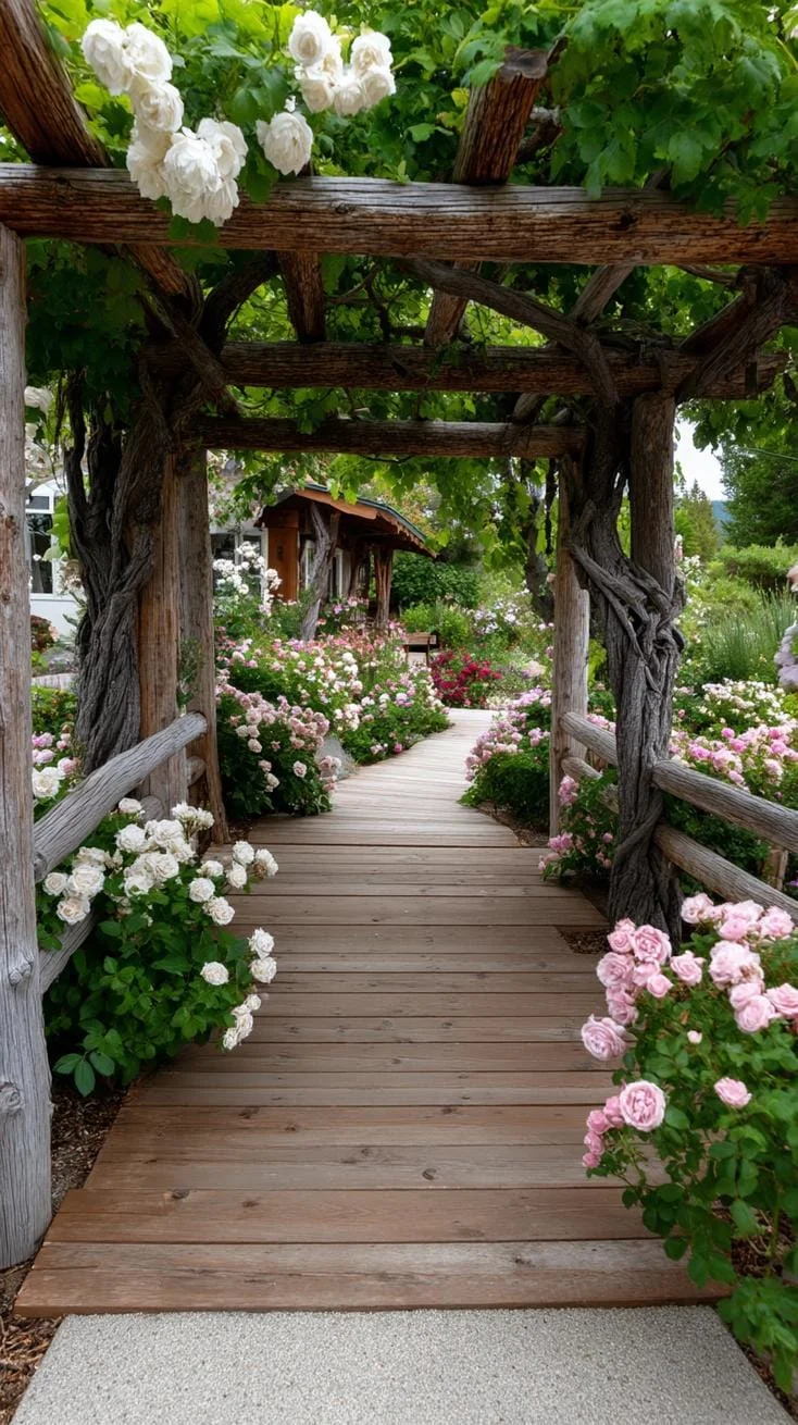 24. Paseo florido bajo pérgola rústica